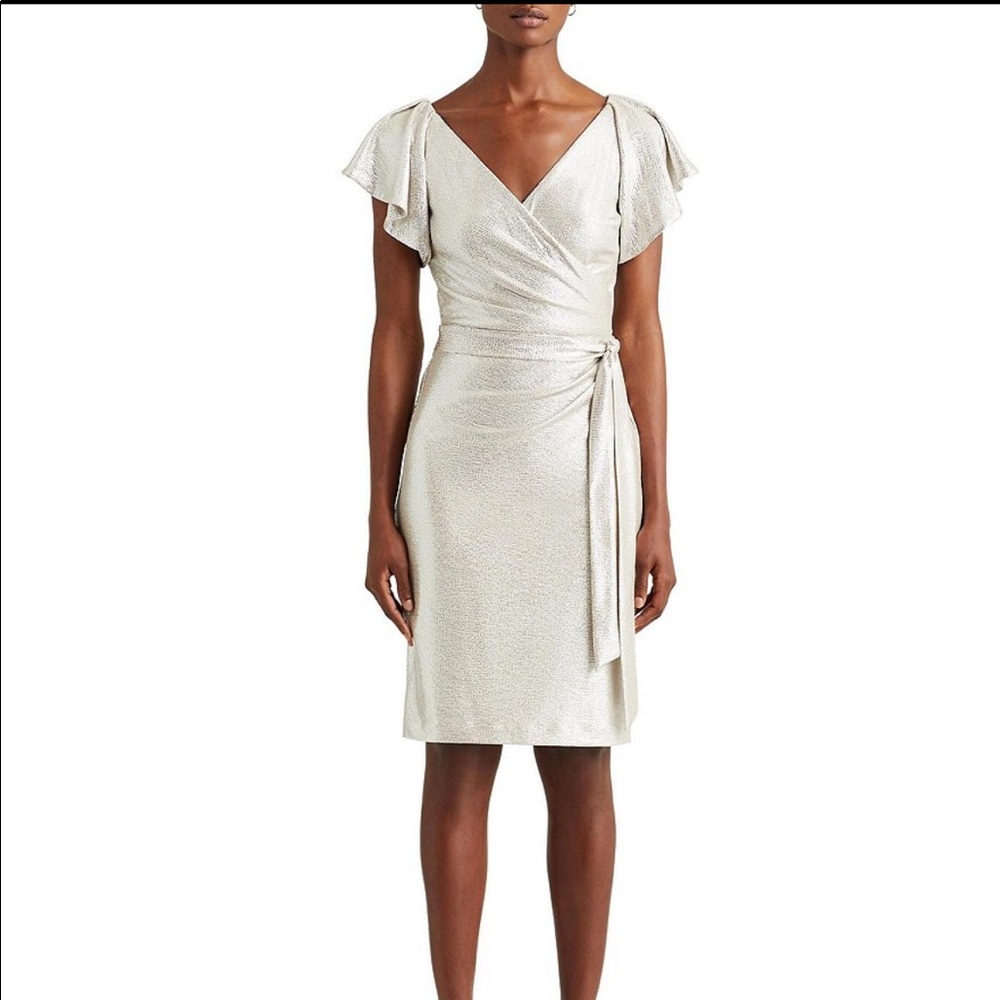 Ralph Lauren Champagne metallic flutter sleeve party dress